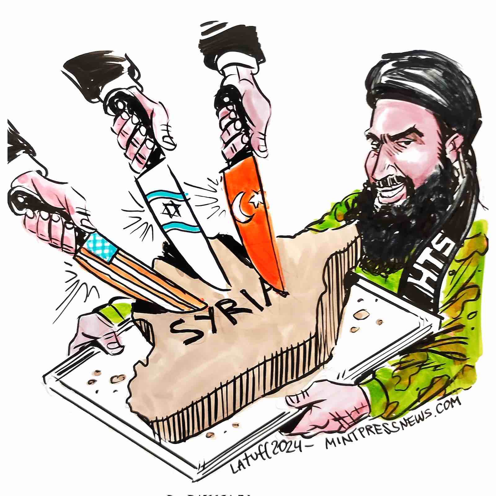 Slakterne fordeler det syriske kadaveret. Illustrasjon av Carlos Latuff.